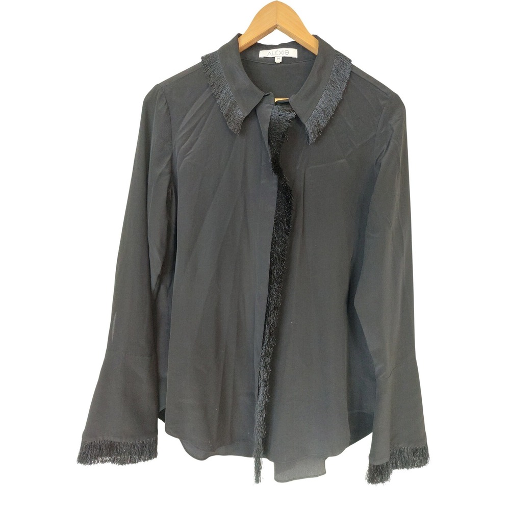 Alexis Black 100% Silk Fringe Long Sleeve Button Down Blouse Size Medium